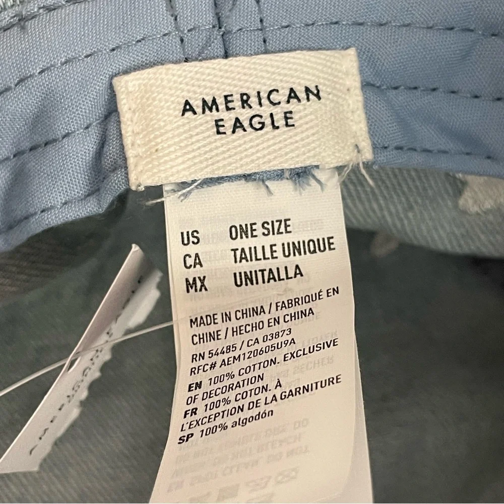 American Eagle Bucket Hat Denim Embroidered Hearts Light Wash Blue White